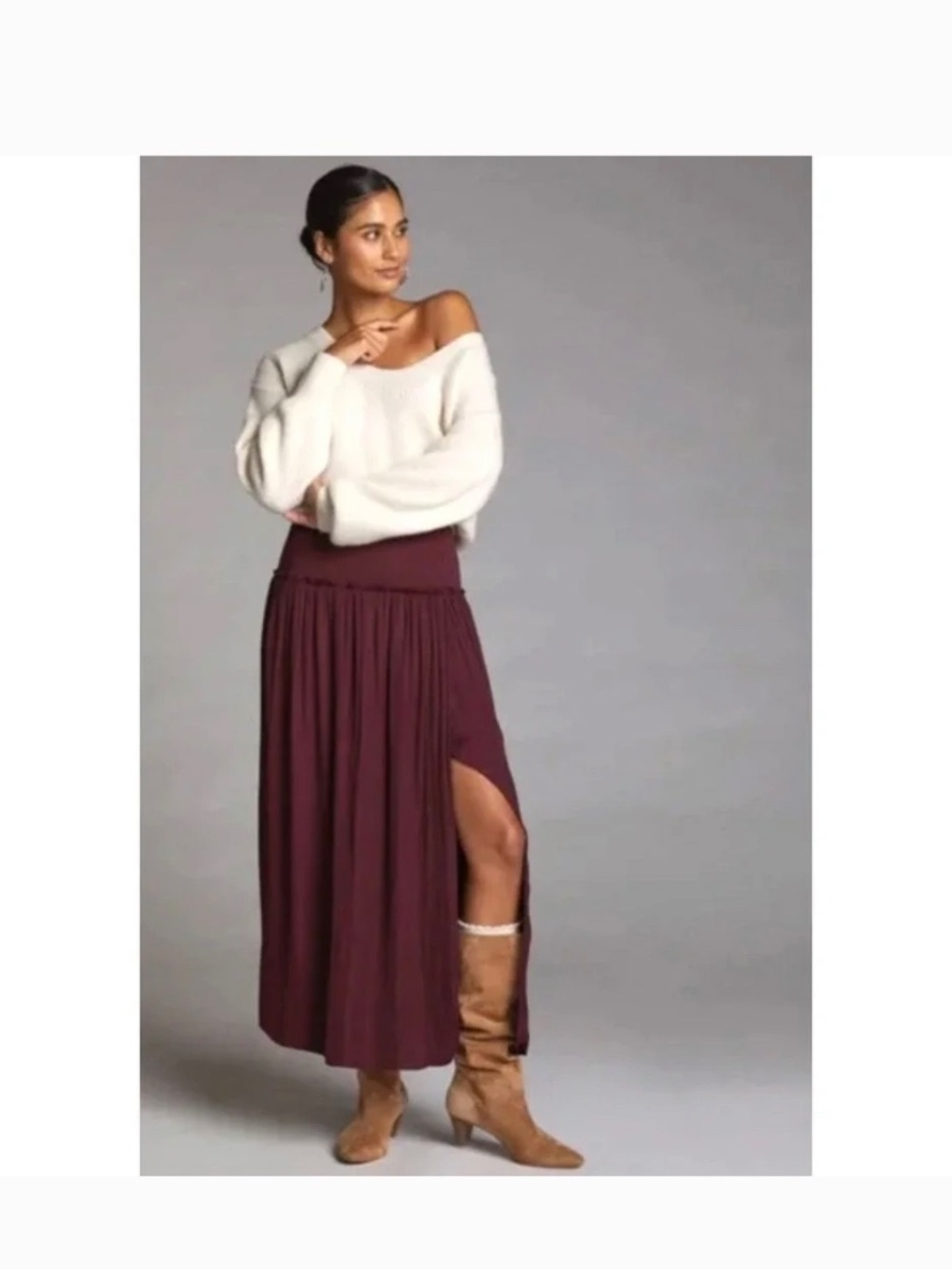 Anthropologie Current Air NWT Maroon Silky High Slit Maxi Skirt